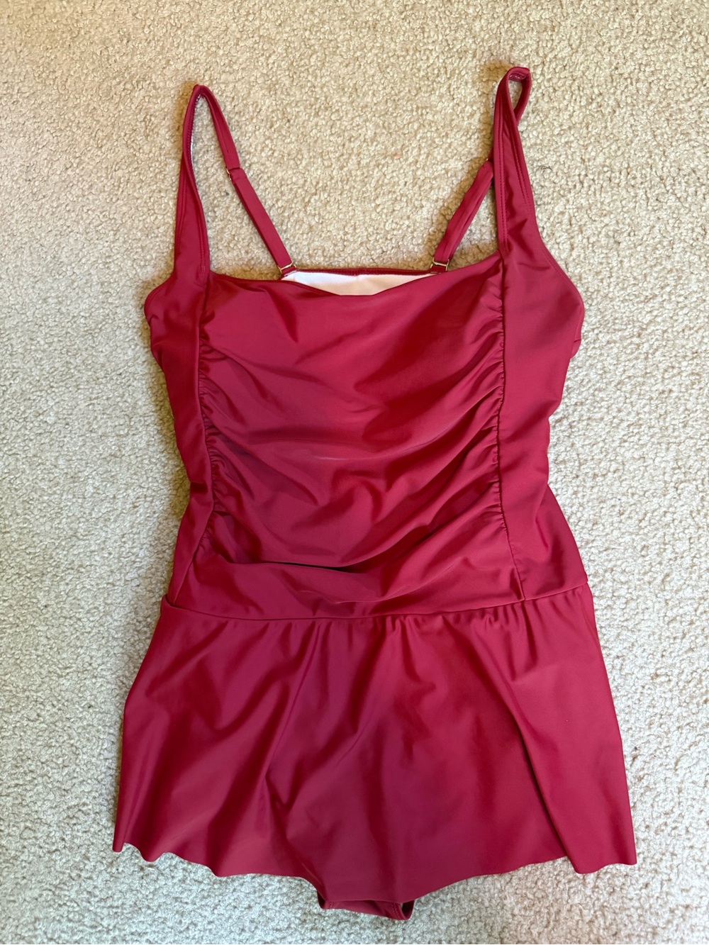 Women’s Red Ruched Swim Dress with Skirted Hem